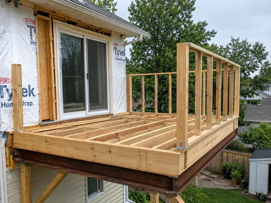 Enlarged balcony framing with new joists and guardrail posts before decking