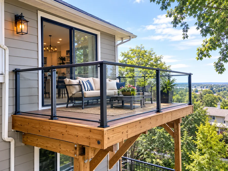 Finished extended balcony with glass guardrails and a timber support bracket below