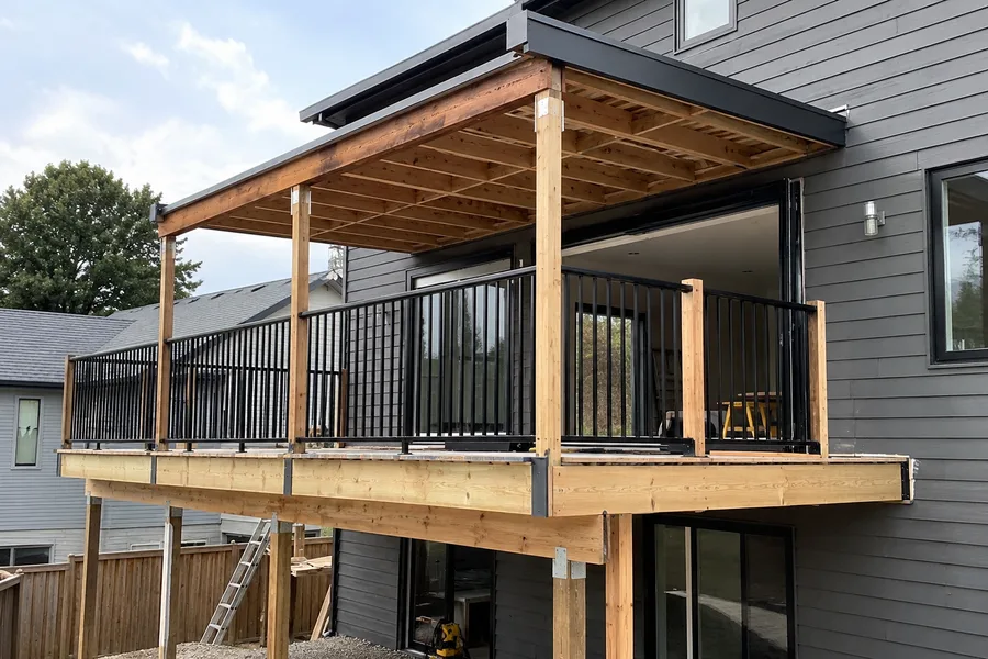 Extended and covered balcony carried on timber posts with metal guardrails