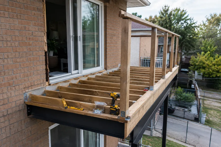 Extension framing tied into the existing wall with a ledger, steel beam and joist hangers