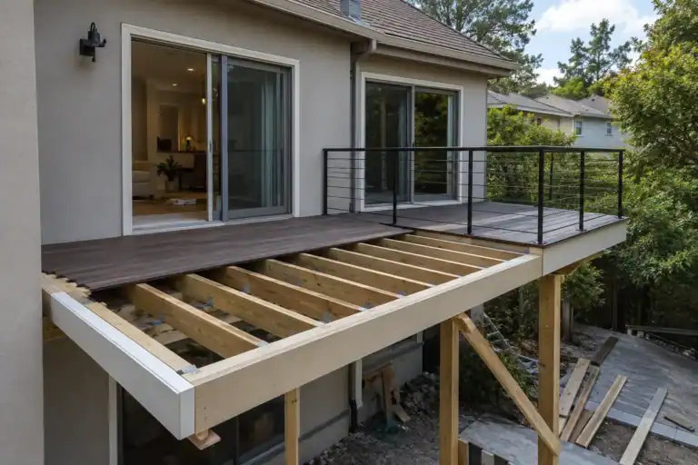 Balcony extension in progress, with new joists framed out alongside the existing finished deck