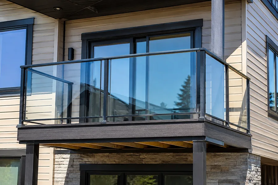 Installed balcony with glass panel guardrails and exposed joists beneath the deck