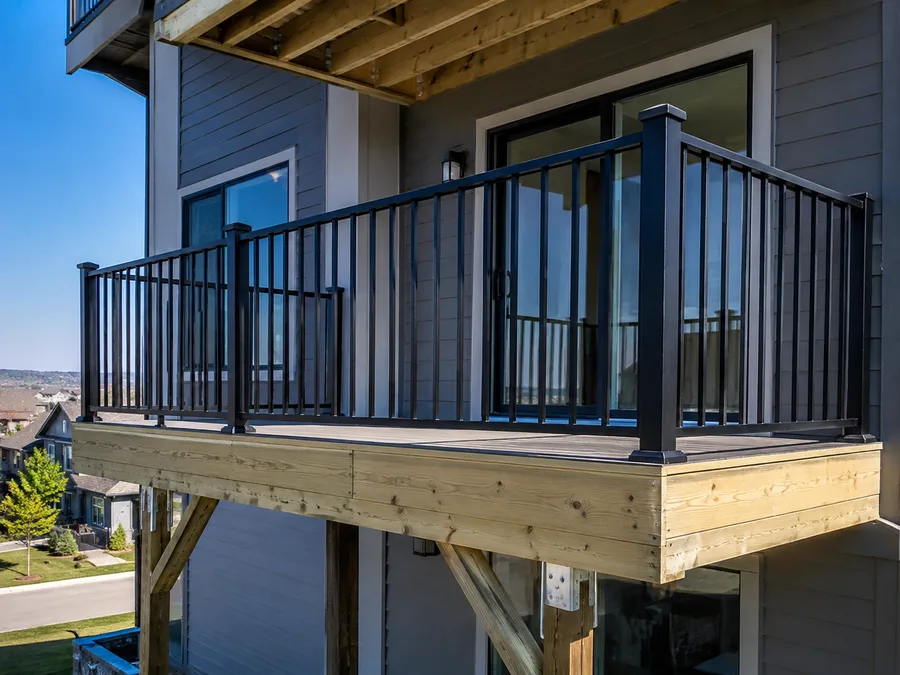 Installed balcony assembly showing rim framing, braced post, composite decking and aluminum guardrails