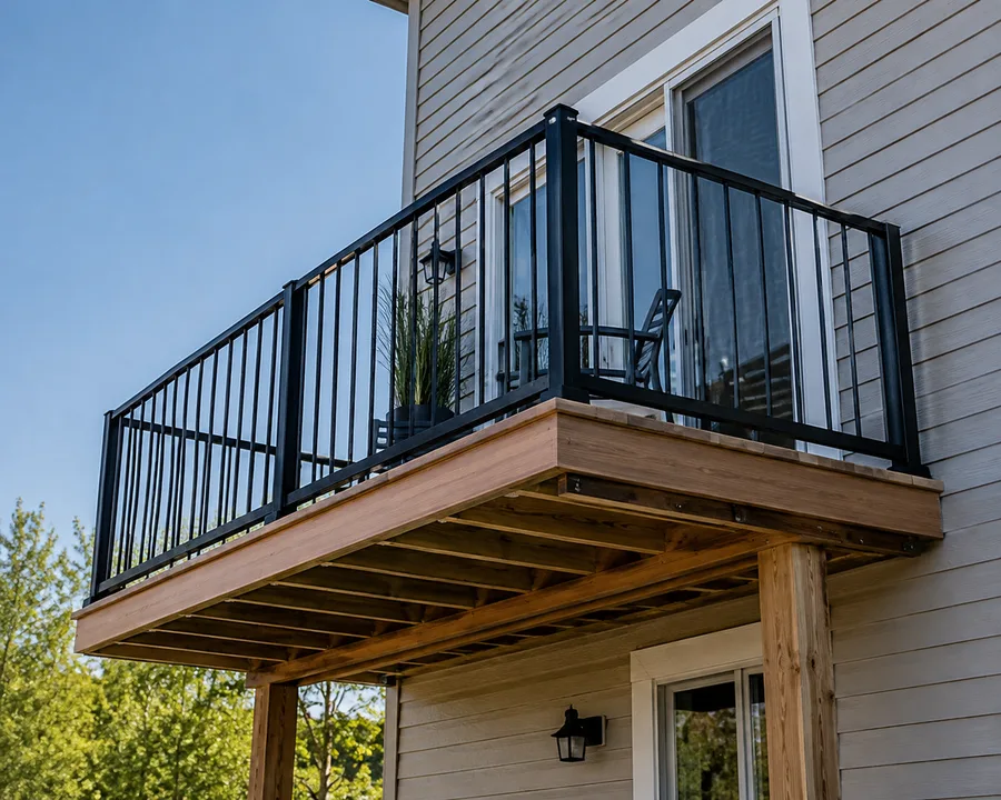 Balcony installation with cedar framing, exposed joists and black metal guardrails