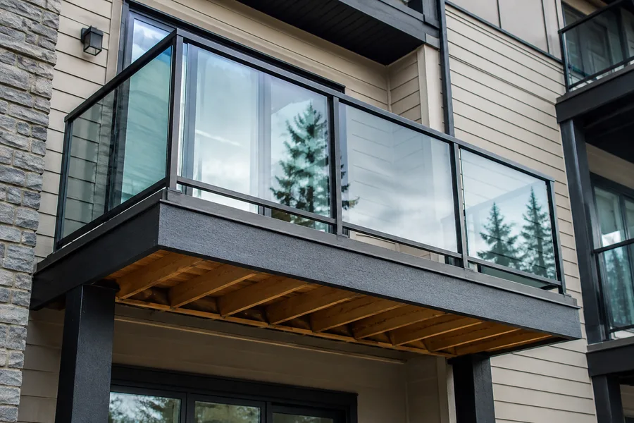 Installed balcony with glass guardrails and timber joists over a covered entrance