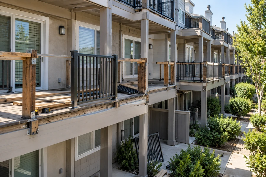 Balcony railings under repair across an apartment elevation, sections removed and posts exposed