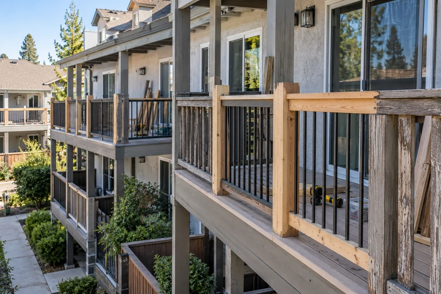 Balcony railing posts replaced among original members on an occupied building