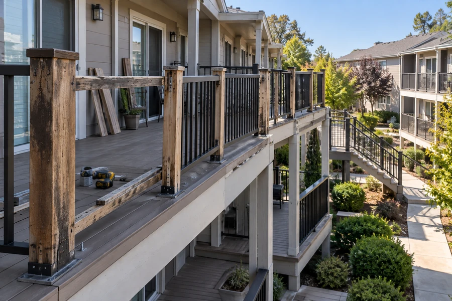 Walkway railing with posts renewed and metal bases set, repair in progress