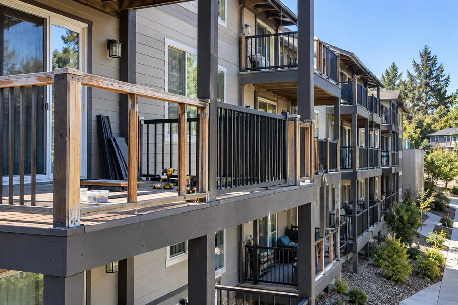 Repairs under way on several balconies at once, new posts among the existing infill