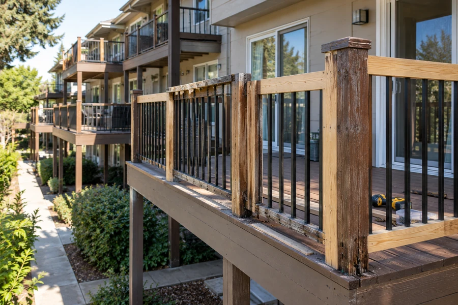 Close view of a railing post base with decayed timber cut back and new material spliced in