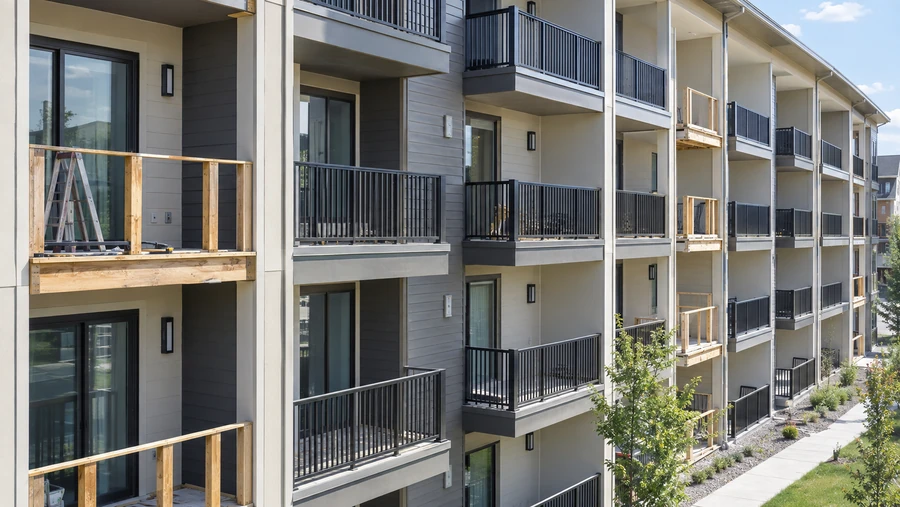 Elevation part-complete, new railings installed on some balconies and temporary guarding on others