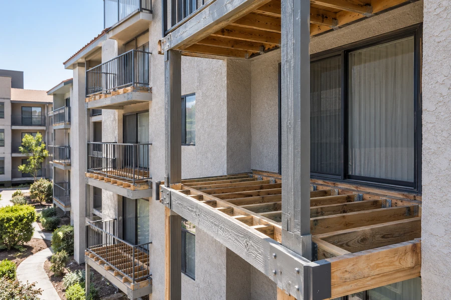 Rebuilt balcony structure on steel posts and beams with galvanised connectors, joists exposed