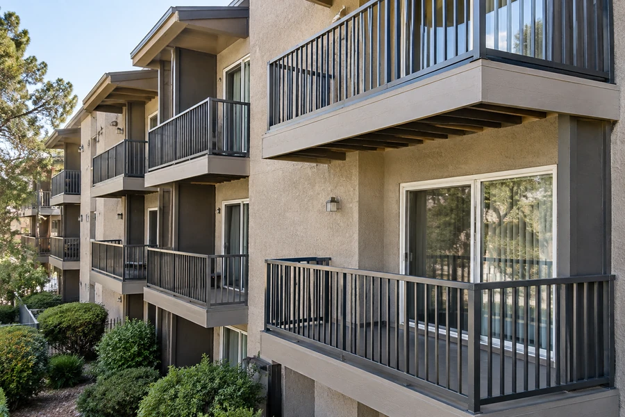 Remodelled balconies with open metal guardrails replacing the original solid panels
