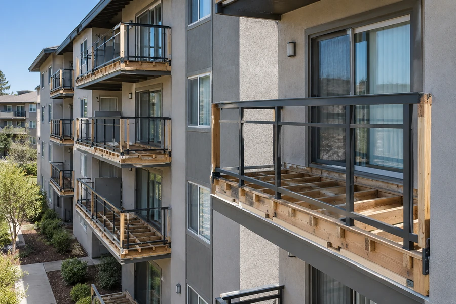 Balconies opened to the joists with new open metal railings already installed, surfaces not yet laid