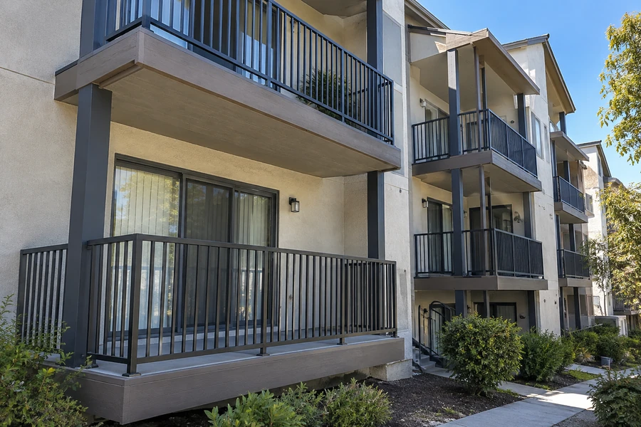 Renovated ground-floor and upper balconies with matching guardrails and finished fascia