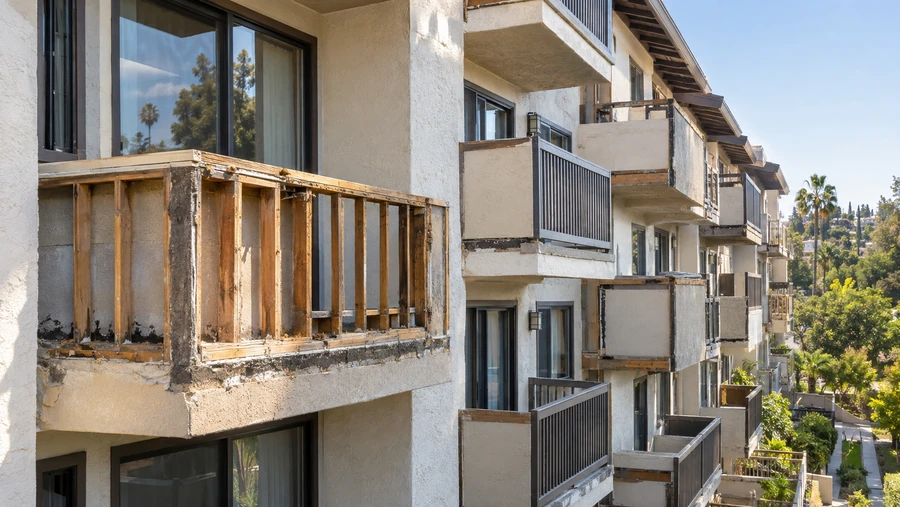 Apartment balcony with stucco removed, exposing wood guard wall studs and a dark damaged base at the slab