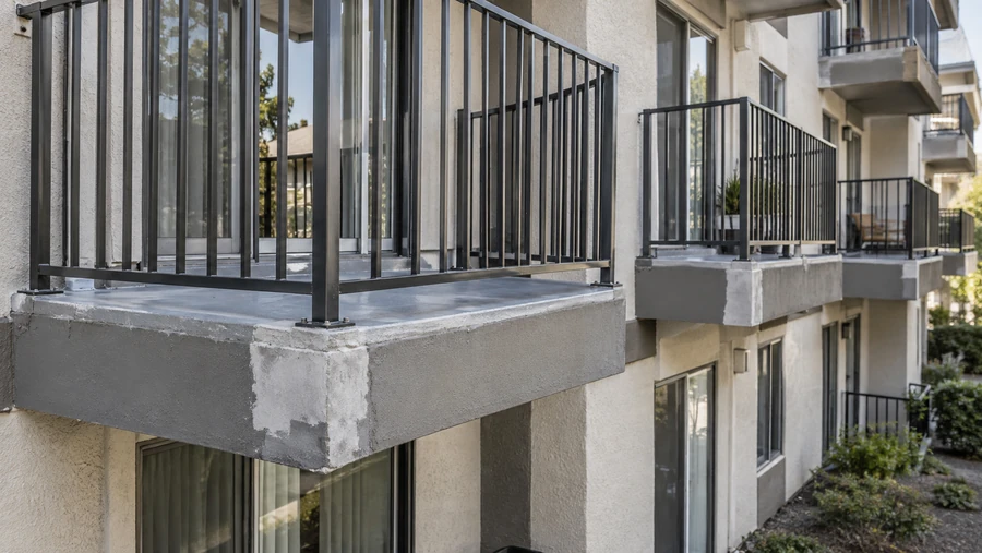 Balcony slab with gray coating and lighter patched corner, black metal picket railing on a stucco building