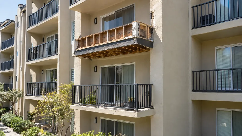 Balcony stripped to bare framing mid-elevation, with the stucco opened where it meets the building