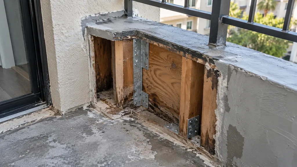 Balcony parapet opened up, showing a timber frame with water staining behind the stucco finish