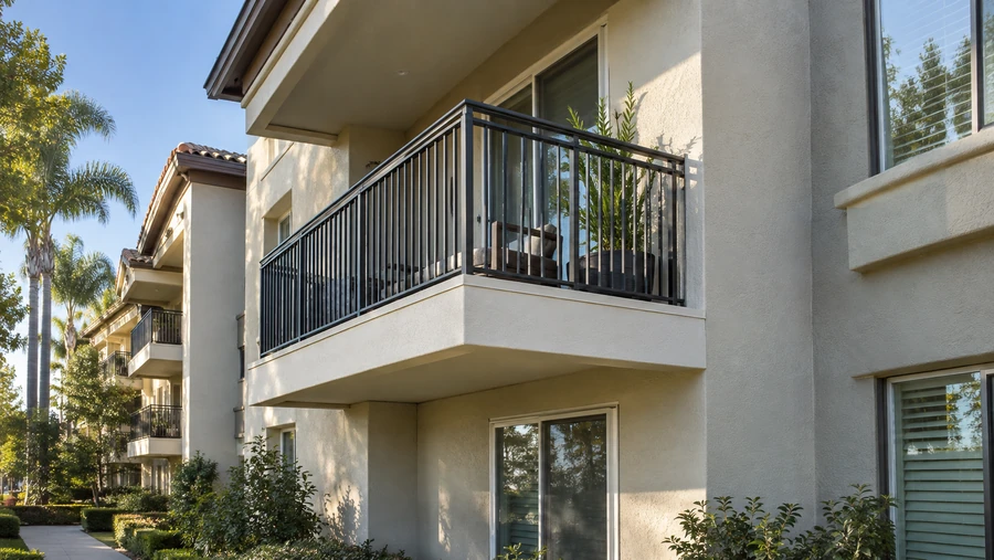 Stucco-finished balcony at a condominium community after restoration and repainting