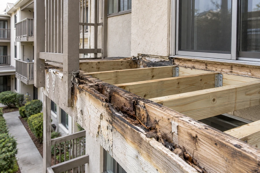 Balcony rim blackened and delaminated along its length beside newly installed joists on hangers