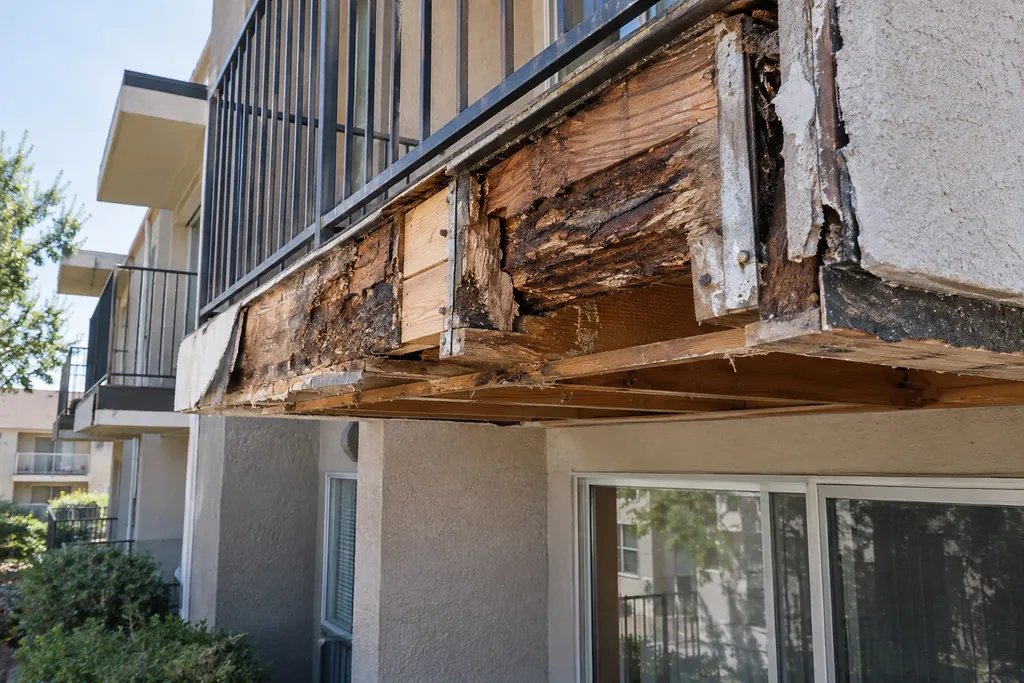Cantilevered balcony seen from below with the stucco gone and the timber destroyed by brown rot