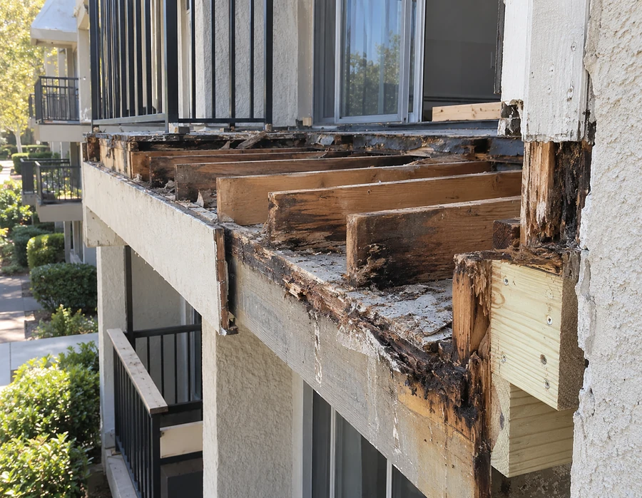 Balcony opened to the cantilever joists, decay concentrated where they enter the wall, new material spliced in
