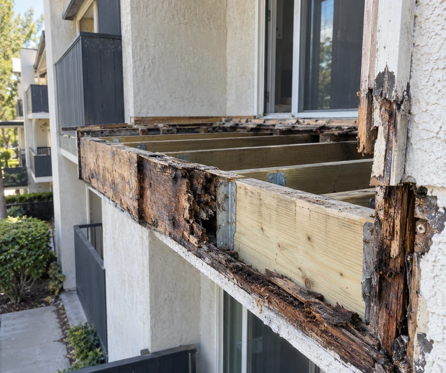 Balcony rim with rot cut back and new pressure-treated framing set on rated connectors