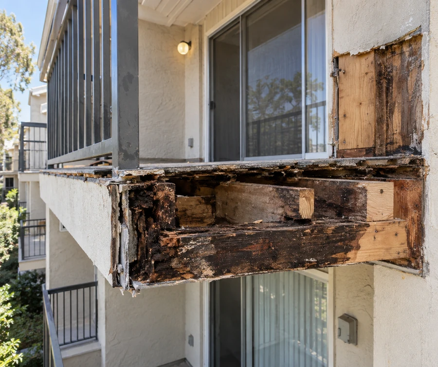 Underside of a balcony with the beam heavily decayed and the wall opened at the connection