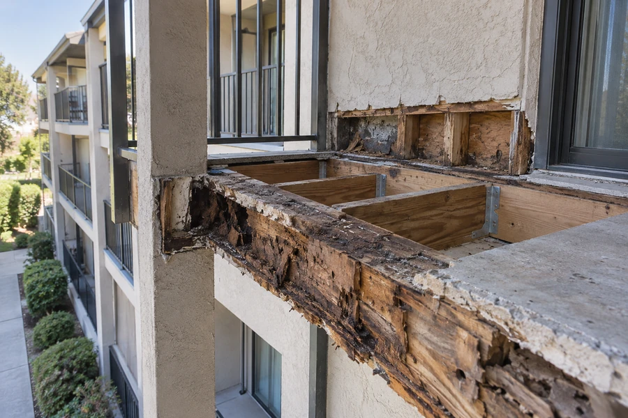Balcony framing opened at the wall, showing decay in the rim and sound new material alongside