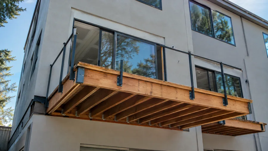 Cantilever wood balcony framing, with joists extending from the building and metal hangers visible