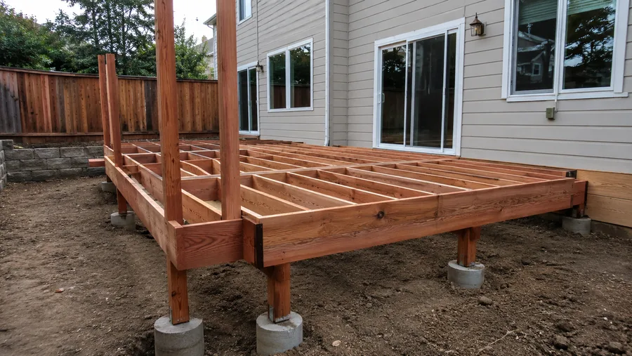 Cedar deck frame with joists and beams on concrete piers, before decking