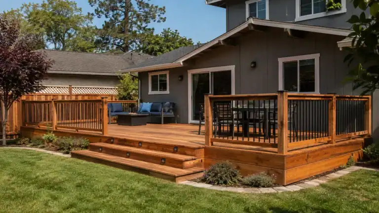Finished cedar deck with cedar guardrails, wide steps and a stained warm finish