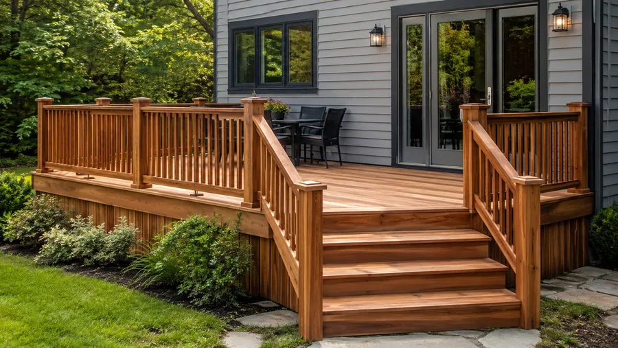 Cedar deck with matching cedar railings, balusters and a broad stair run