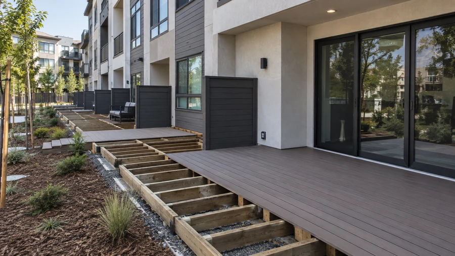 Composite deck part-laid over an open frame at a townhome community