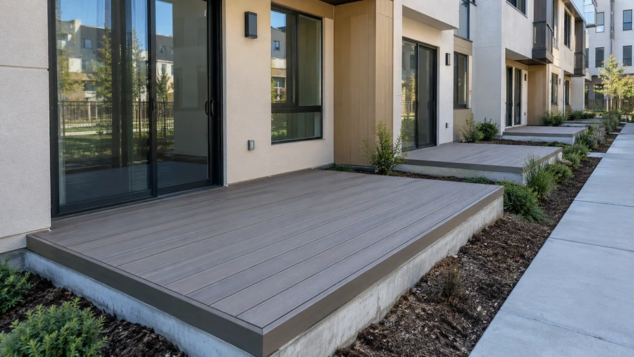 Completed composite surface with a border board, colour consistent across the full deck