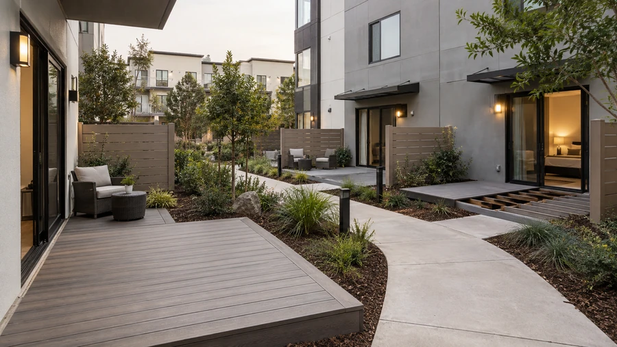 Composite decks across a courtyard, one still open to the joists at dusk