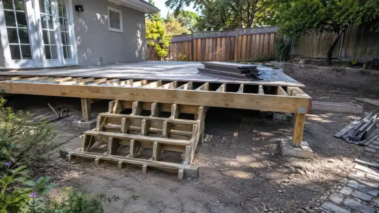 Composite decking being laid over a pressure-treated wood frame, with hidden fastener clips on site