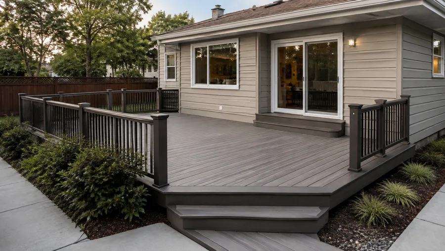 Finished composite deck with picture-frame border, matching stairs and metal guardrails
