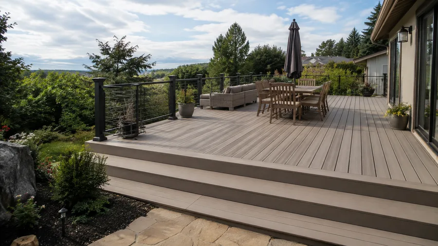 Large composite deck with cascading steps, cable guardrails and a two-tone border