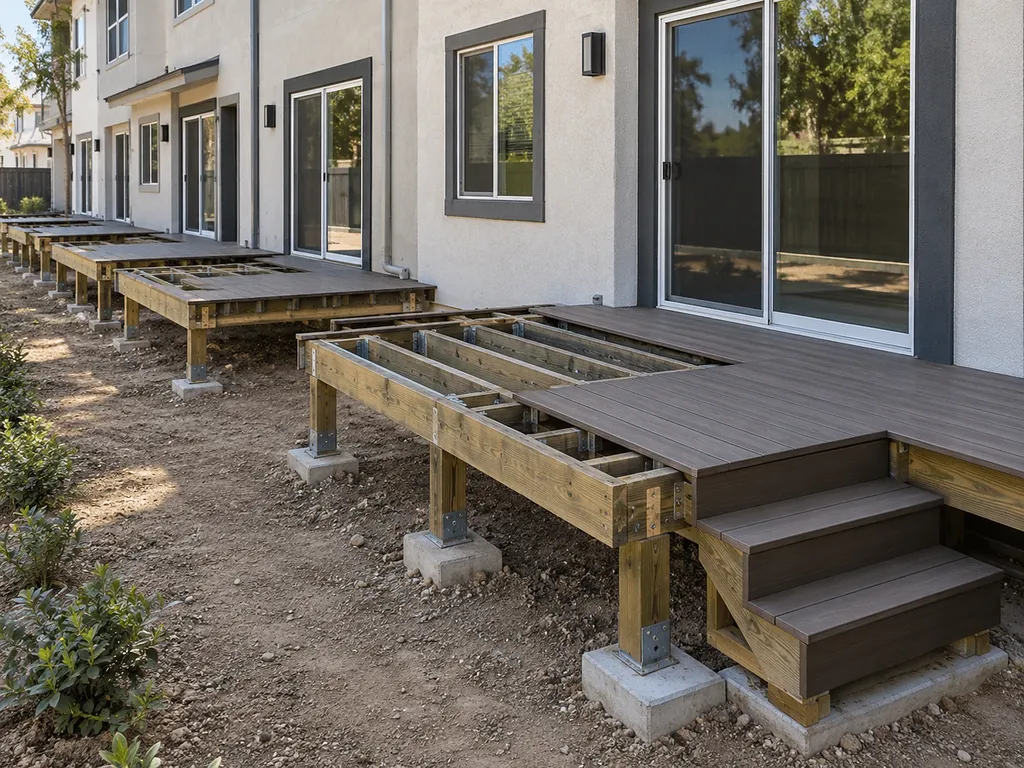 Composite deck part-laid, with framing and blocking exposed alongside a finished picture-frame border and steps
