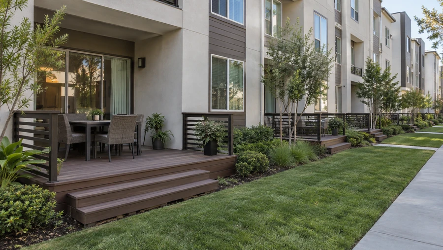 Finished dark composite decks with slat railings along the ground floor of a row of three-story units