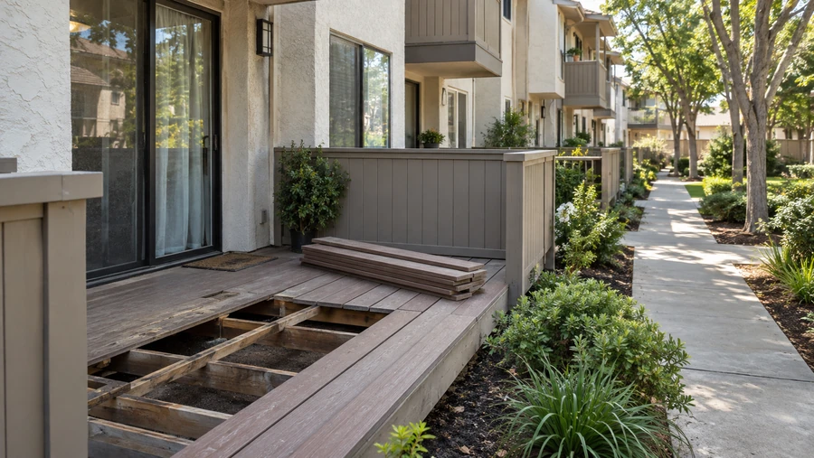 Ground floor patio deck opened to the joists, boards stacked beside the opening at a stucco building