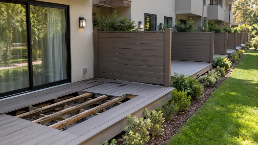 Composite deck section opened to the joists beside a slat privacy screen, row of matching decks beyond