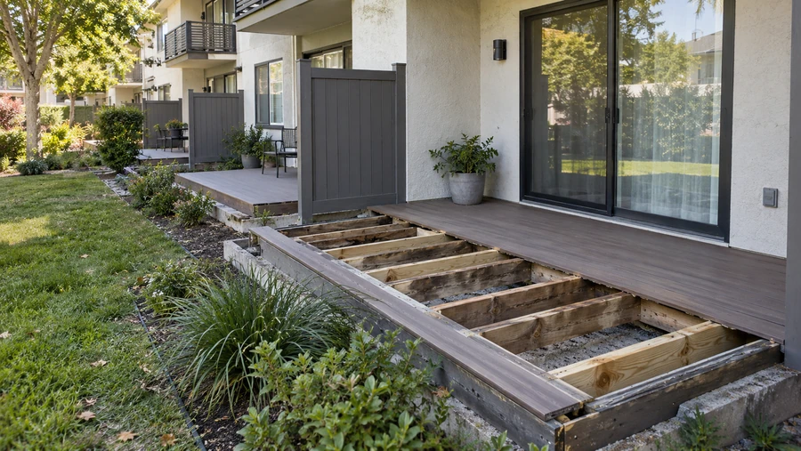 Composite deck with boards removed showing old and new joists side by side, privacy fence and building behind