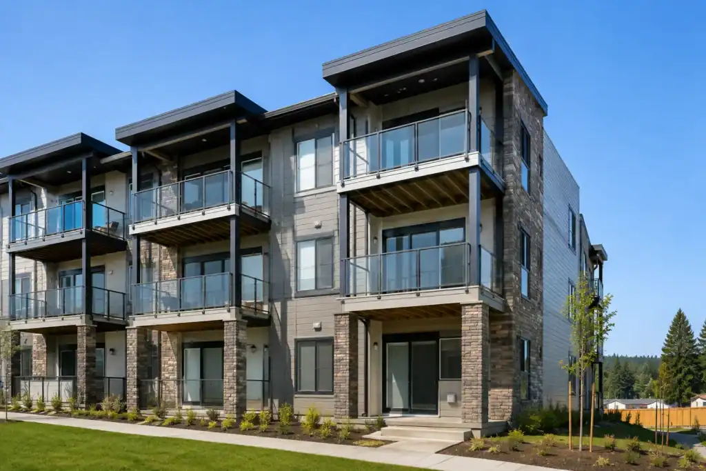 Condominium community with stacked balconies on every unit across the building elevation
