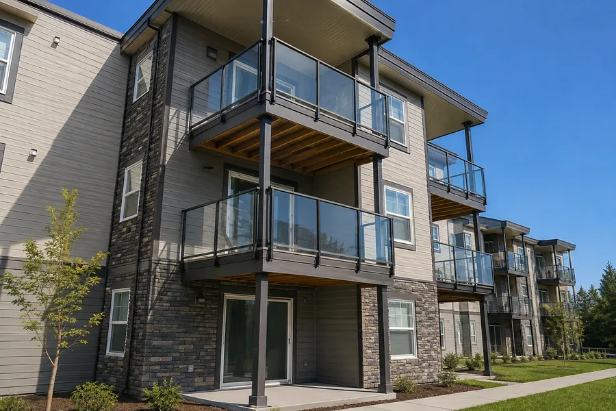 Corner condominium balconies with glass guardrails and exposed wood soffits