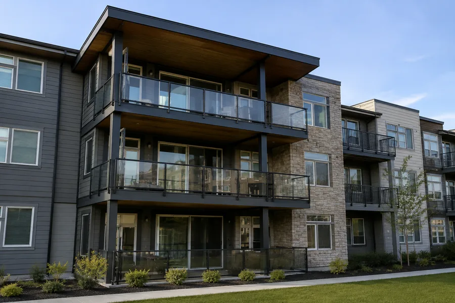 Full elevation of a three-story condominium building with glass-panel balcony guardrails