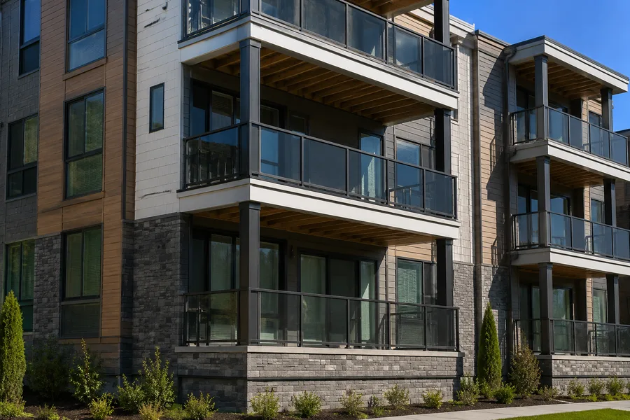 Stacked condominium balconies showing wood soffits and framing beneath each deck