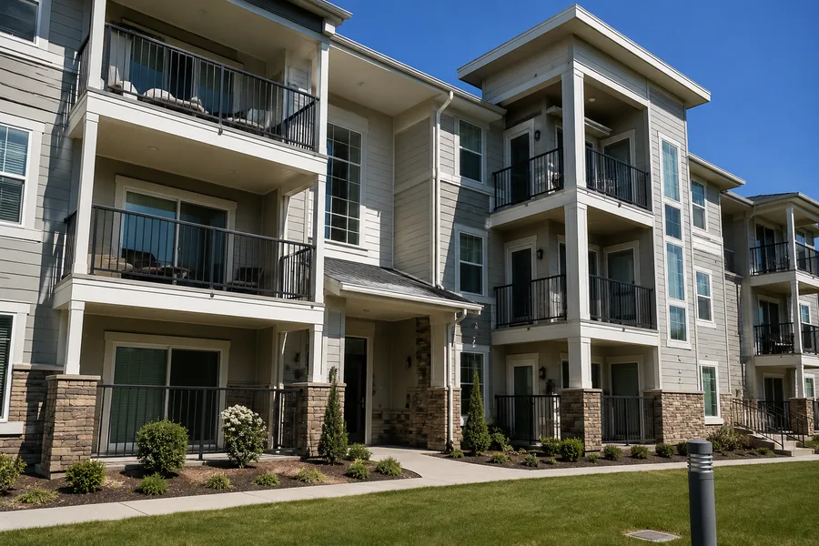 Condominium community with covered balconies and metal picket guardrails